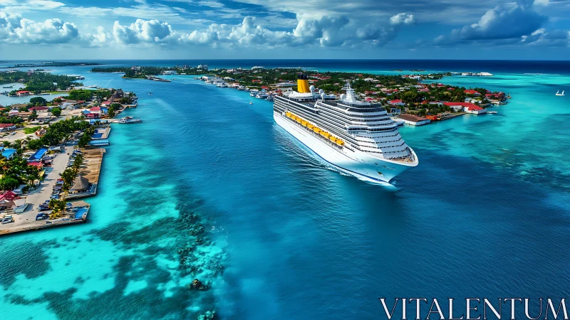 Photorealistic aerial cruise liner in tropical channel waters.