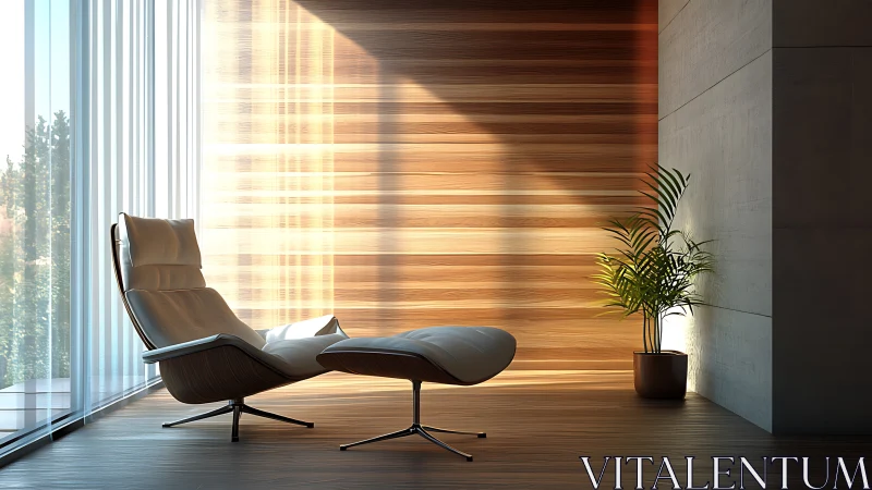Minimalist lounge interior with 3D daylight rendering focus.