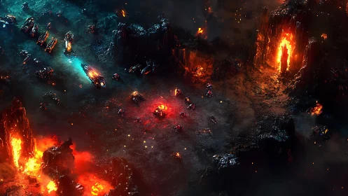 Lava-flooded alien battlefield with armored convoys and portals.