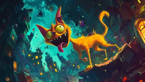 Wild orange cat with huge eyes runs through chaotic city