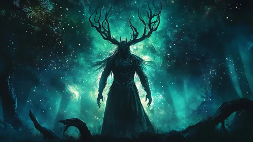 Bioluminescent antlered wraith in volumetric forest haze.