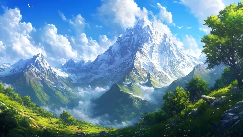 Digital painting of luminous alpine peak and verdant valley panorama.
