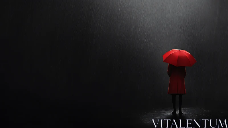 Person in red coat and umbrella standing alone in rain.