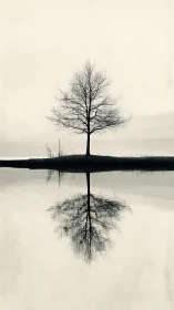 Solitary winter tree quietly negotiates with its mirror twin