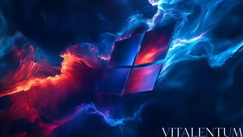 Windows-style quadrants float amid red and blue nebula