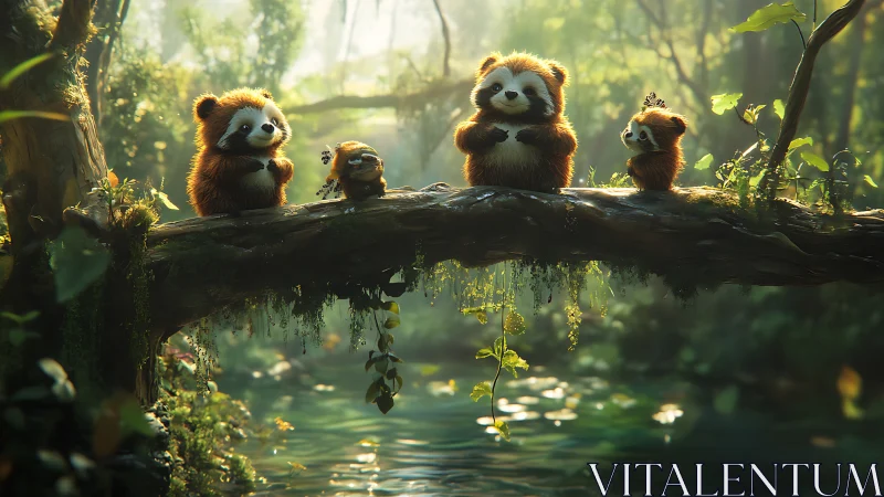 Forest bridge band of fluffy red pandas at golden dawn.
