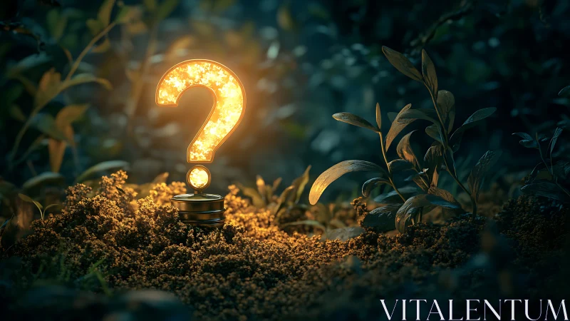 Illuminated question mark lamp in dense nighttime foliage.