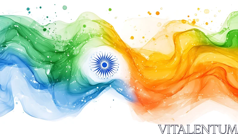 Indian tricolor flag abstraction with Ashoka Chakra fluid waves
