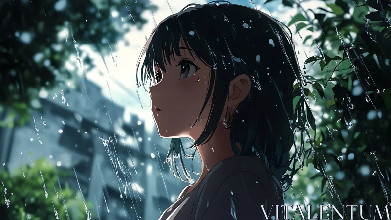 Anime girl in summer rain with reflective urban backdrop.