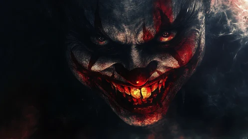 Sinister clown grin glowing through deep swirling shadows.