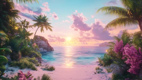 Tropical Paradise Sunset Over Pink Sand Beach.