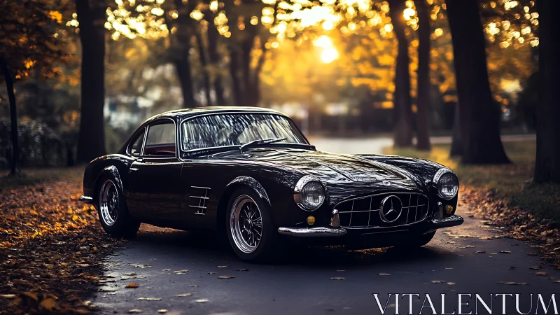 Classic black coupe is parked on a leaf covered forest road
