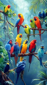 Joyful rainbow parrots share a lively perch in lush jungle