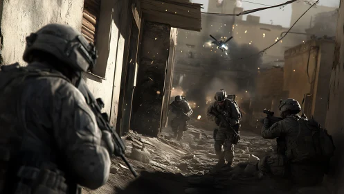 Urban firefight unfolds beneath roaring combat helicopter.