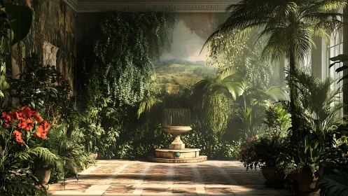 Sunlit conservatory garden centers on elegant stone fountain.