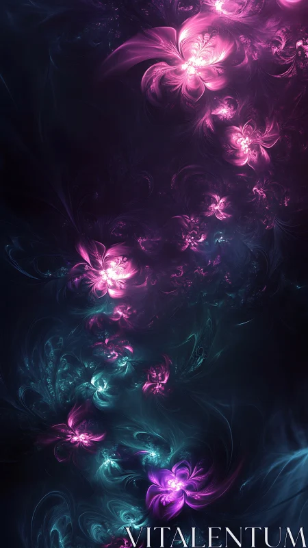 Fractal luminous floral forms on dark abstract background.