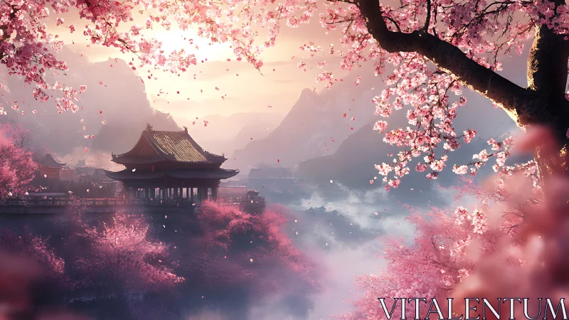 Gentle cherry blossoms drift around a peaceful mountain temple