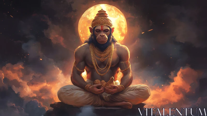Divine simian deity in meditative lotus posture before full moon