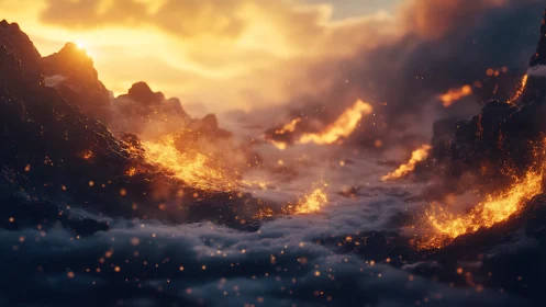 Molten Canyon Engulfed in Flames and Ash.