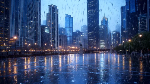 Rain-swept city riverfront shimmers under blue evening light
