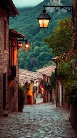 Lanternlit hillside alley curling into emerald mountain hush.