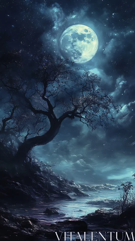Moonlit river glows beneath twisted spectral tree.
