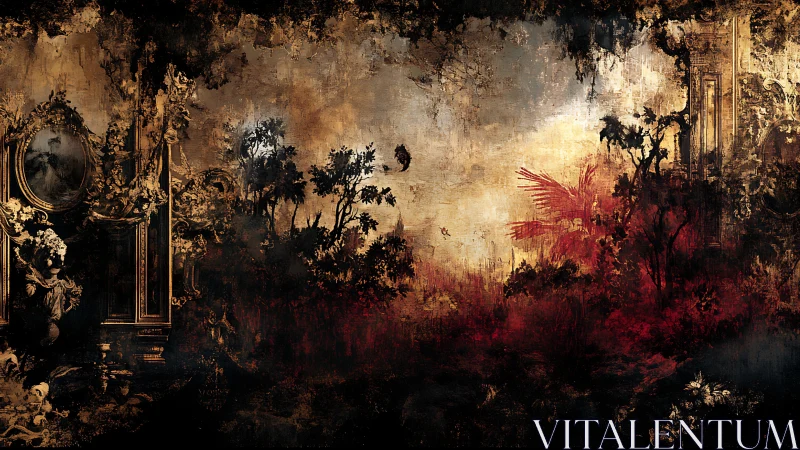 Baroque ruins merge with burning forest under smoky sky