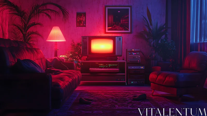 Neon glow bathes a retro living room in nostalgic warmth