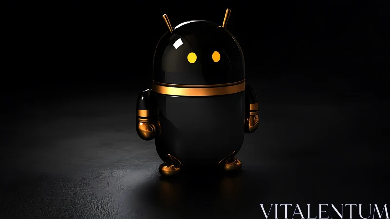 Shiny black and gold robot buddy in a cozy dark glow.
