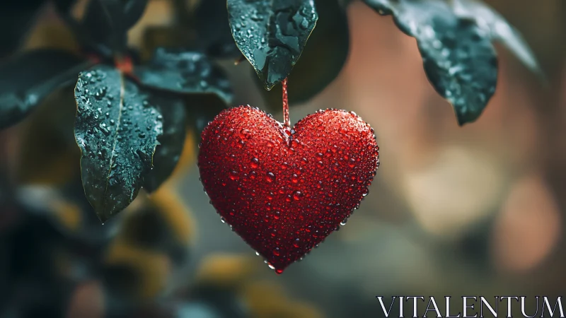 A Rain-Kissed Heart Hanging Among Green Leaves.