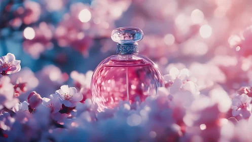 Glass perfume flacon amid pink blossom bokeh lighting field