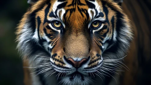 Warm golden-eyed tiger gazes forward with quiet strength.