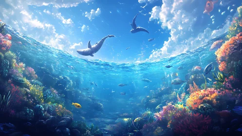 Sunlit coral reef stretches beneath leaping dolphins