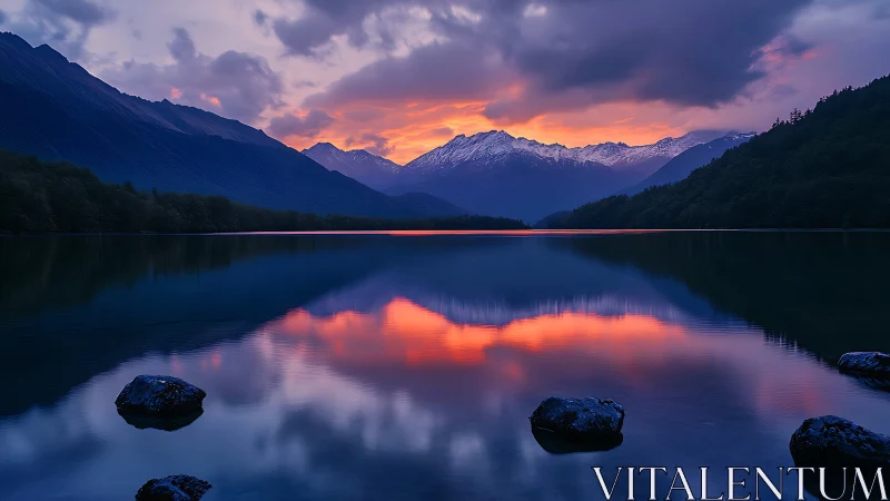 Mountain lake reflects vivid sunset sky with snow peaks