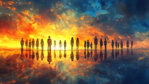 Silhouetted figures aligned at horizon under blazing sky.