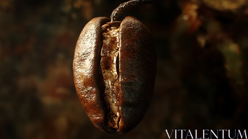 Macro coffee bean close-up with glossy crack and dark bokeh