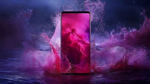 Crimson splash smartphone portal in a storm of digital waves.