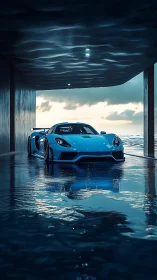 Blue sports car under coastal concrete canopy at dusk.