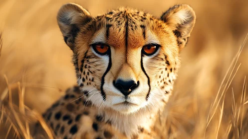 Cheetah portrait in golden savanna grassland environment.
