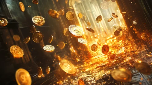 Golden coin storm swirling through a molten treasure gate.