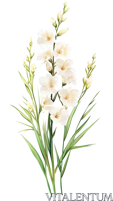 Delicate Cream Gladiolus Botanical Illustration with Elongated Foliage.