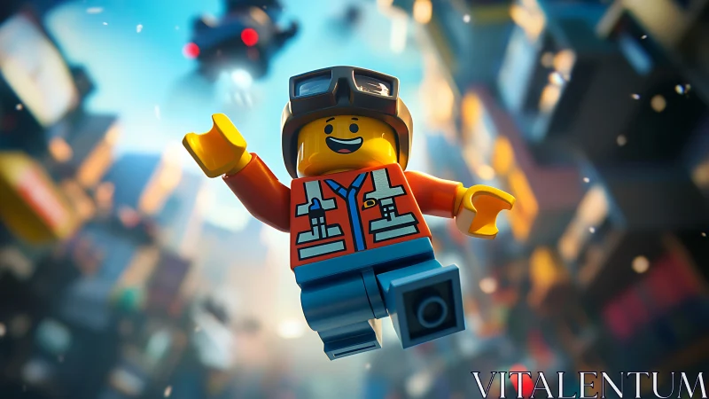 Lego minifigure is rendered in flight above blurred city scene