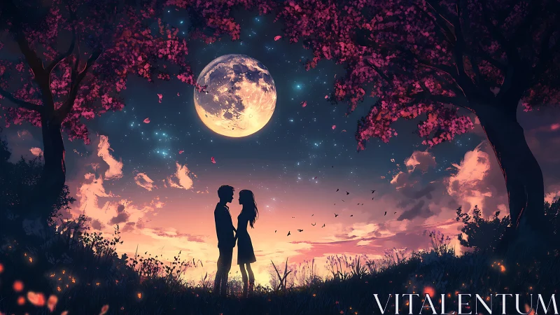 Two figures silhouetted against oversized moon and nocturnal landscape.