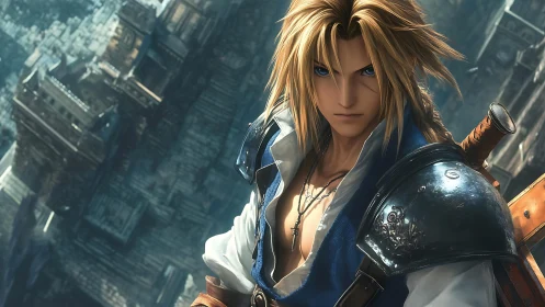 Blond swordsman stands in fantasy city wearing armor