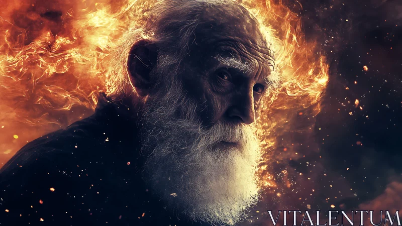 Elderly bearded man rendered in fiery digital portrait