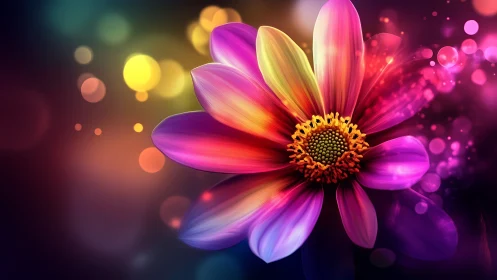 Multicolored digital flower with gradient petals and luminous backdrop