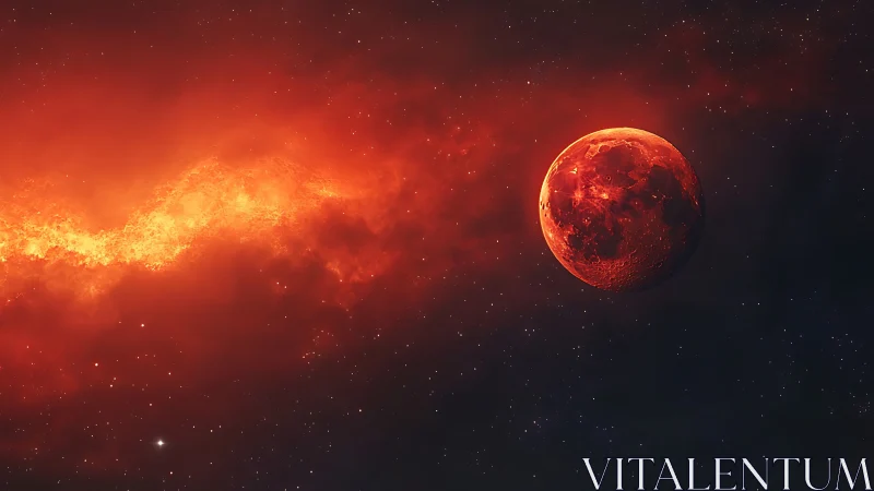 Glowing red planet drifting beside a blazing cosmic wave.