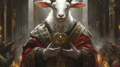 Regal goat cleric presides over burning cathedral throne