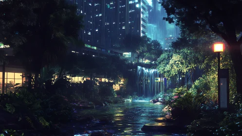Urban night garden with waterfall and illuminated towers.