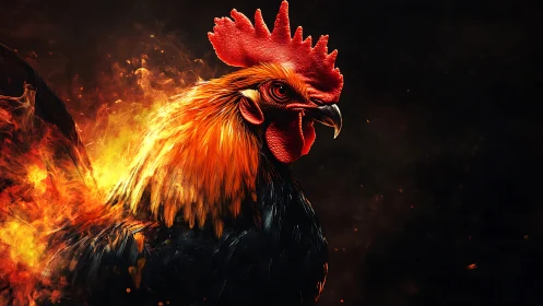 Fire-Engulfed Rooster with Crimson Plumage and Spiked Comb.